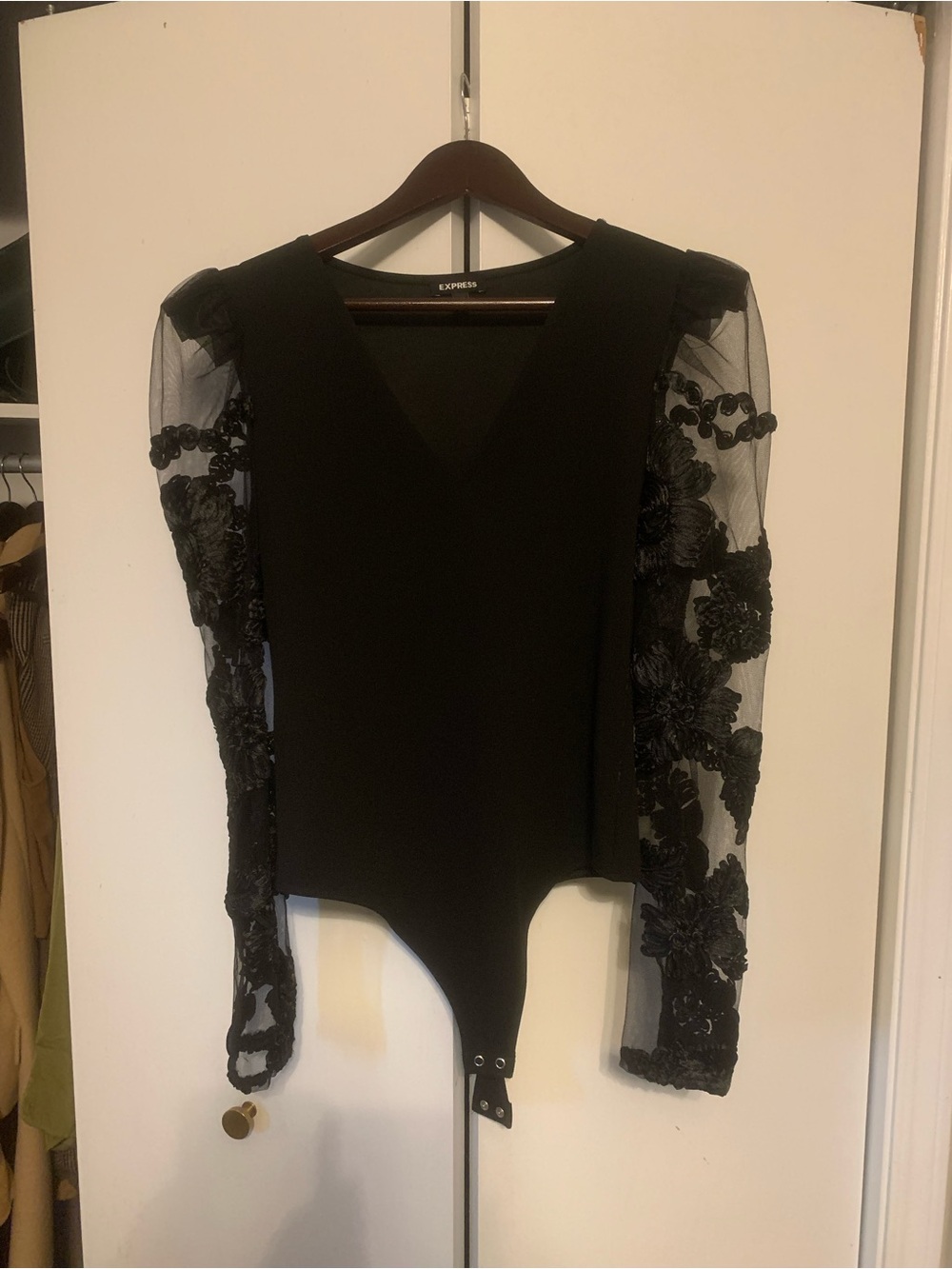 Express Black V-Neck Bodysuit with Floral Appliqué Mesh Sleeves